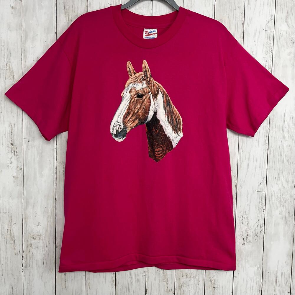 Vintage 90s Hanes Horse Graphic Pink T-Shirt L Single Stitch Equestrian Tee